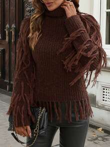 EMERY ROSE Women's Casual Turtleneck Elegant Tassel Long Sleeve Pullover Sweater, Brown, Winter Holiday