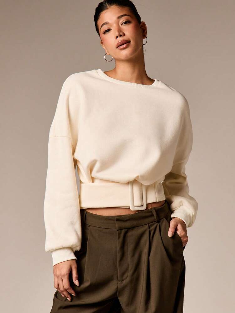 AiiRZ Women's Belted Cropped Pullover Sweatshirt With Waist Buckle Detail Long Sleeve Casual Fall Winter Crew Neck Top