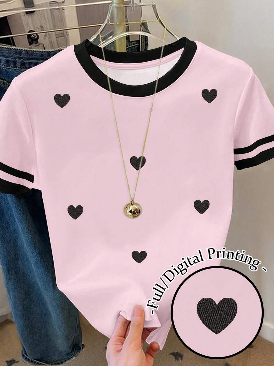 Resyla 女士粉色爱心印花宽松休闲撞色条纹圆领T恤 - 彩色 - 查看 1