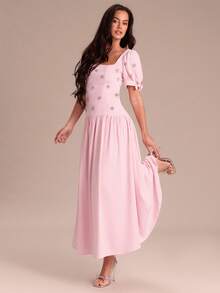 Enchnt Đầm dài tay bồng cổ vuông đính đá trang trí thanh lịch cho nữ - Hồng - Xem 3