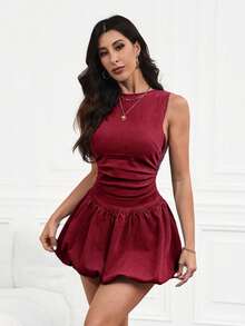 SHEIN Essnce Women's Summer Ruched Waist Backless Puffball Hem Denim Dress - Burgundy - View 1