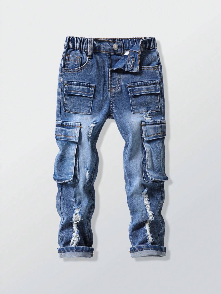 SHEIN Explorewe Young Boy Vintage Street Style Distressed Ripped Multi-Pocket Stretchy Fitted Denim Cargo Pants - Dark Wash - View 1
