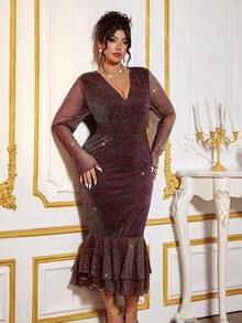 Allurite Plus Size Women's Elegant Banquet Dress, Deep V-Neck Long ...