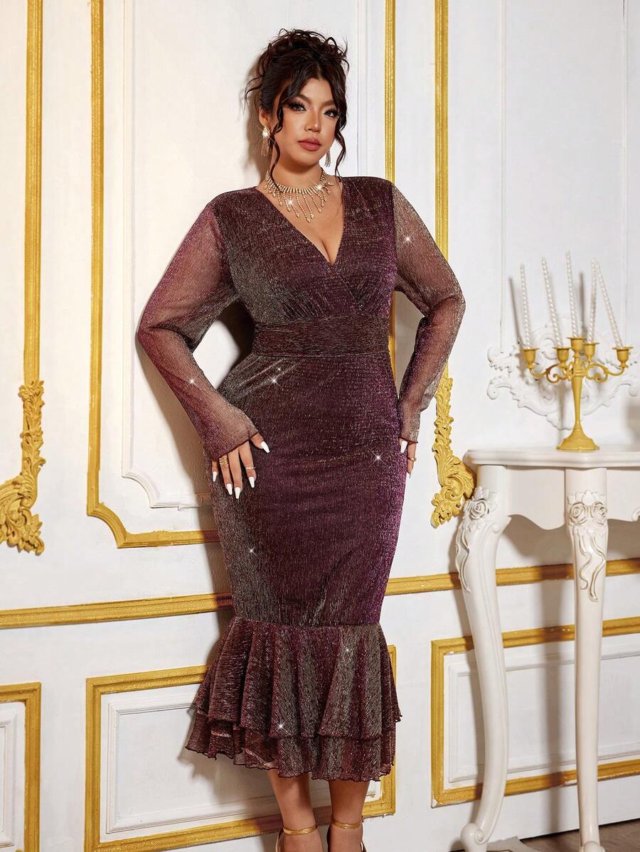 Allurite Plus Size Women's Elegant Banquet Dress, Deep V-Neck Long ...