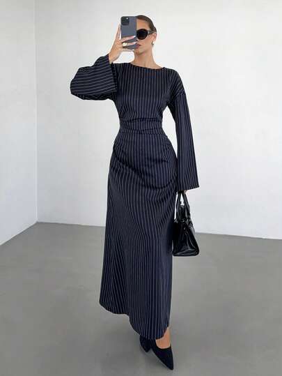 Siren Gaze Women's Elegant Navy Blue Striped Flare Sleeve Dress, Long Sleeve Graceful Dress, Striped Long Dress, Back To School Outfit, Autumn/Winter Dress, Women's Wedding Guest Dress, Women's Winter Formal Dress, Commute, Casual Spring