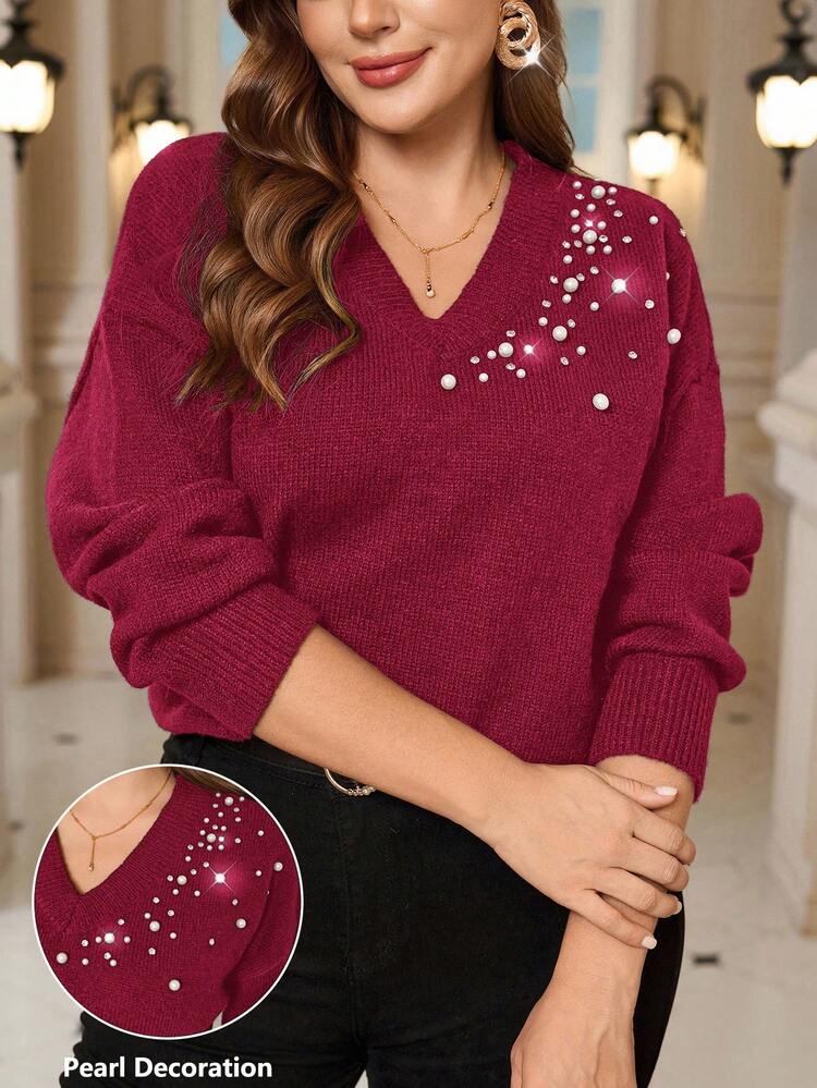 Plus Size Women's Winter Casual Faux Pearl Decor V-Neck Long Sleeve Casual Sweater, Plus Size Women's Casual Elegant Party Faux Pearl Decor V-Neck Long Sleeve Casual Solid Color Pullover Sweater, Autumn/Winter,Winter For Women,Going Out,Fall For Women,Fall,2025 New,Casual Everyday Wear