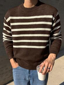 DAZY Men's Brown Striped Crew Neck Sweater, Autumn - Brown - View 3