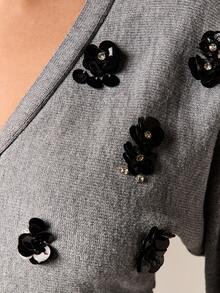AiiRZ Oversized Cardigan With Black Floral Embellishments Button Front Long Sleeve Cropped Knit Sweater For Fall Winter Layering - Grey - View 5