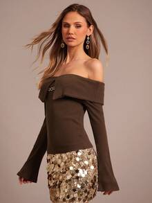 Enchnt Damen elegante Off-Shoulder Bluse in Unifarbe mit Kristallverzierung - Kaffeebraun - Übersicht 4