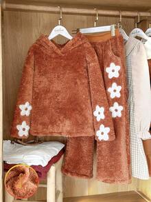 Vintaside Kids Set de 2 piese pentru fete, hanorac și pantaloni din fleece, model floral, material moale și confortabil, stil rustic, versatil pentru ținute casual, elegante, drăguțe, pentru interior și exterior - Maro - Vizualizare 4