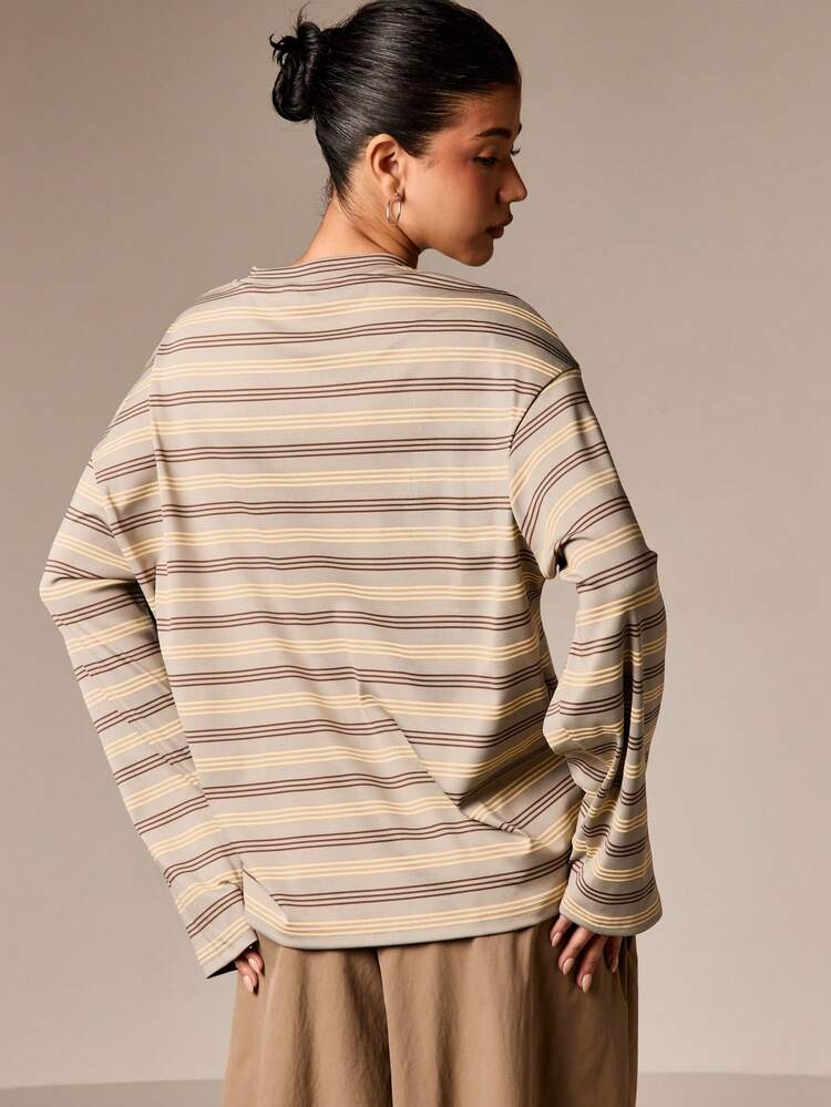 Oversized Striped Henley Top With Buttons