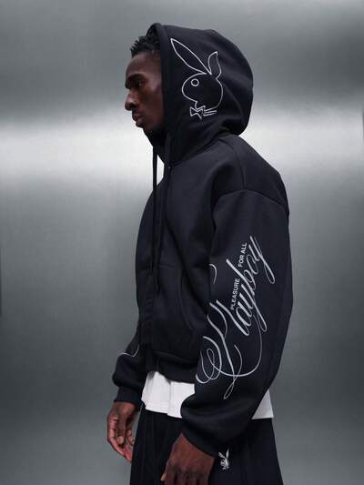 PLAYBOY X SUMWON Kapuzenpullover mit durchgehendem Reißverschluss und Hasenlogo-Grafik