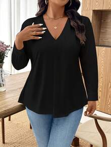 SHEIN Clasi Plus Size Women White Pleated Back Splice Long Sleeve Casual Elegant Loose Blouse, Suitable For Autumn/Winter - Black - View 3