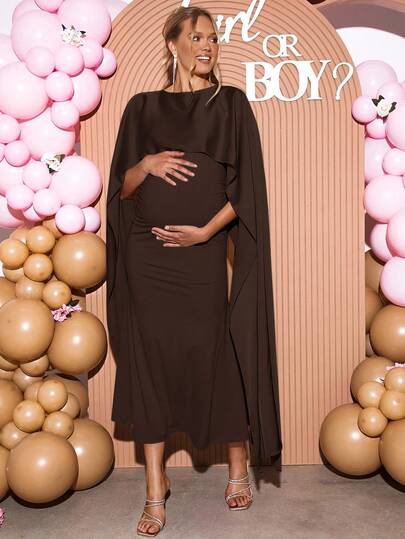 Loomaby Elegant Party Solid Color Cape Sleeve Maternity Dress Brown Maternity Dress Babyshower Dress Maternity Pregnant Dress Pregnancy Dress For Photoshoot