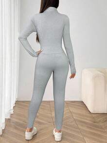 SHEIN EZwear 3件組女款針織純色極簡長袖上衣與長褲運動套裝 灰色 2件套休閒套裝 女款居家套裝 - 灰色 - 查看 2