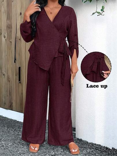 EMERY ROSE Plus Size Women's Two-Tone Tie-Waist Long Sleeve Ruffle Hem Asymmetrical Hem Elegant Casual Blouse + Relaxed Drawstring Waist Pants 2 Pieces Set