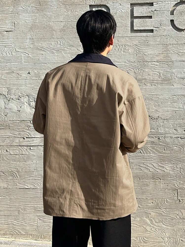 Men's Contrast Color Collar Patchwork Long Windbreaker, Autumn