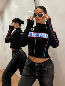 SHEIN ICON 女士字母图案立领短款拉链毛衣 Y2K 露脐上衣 白色露脐上衣 纽约风上衣 Y2K 上衣 拉链露脐上衣 秋季女装 - 黑色 - 查看 5