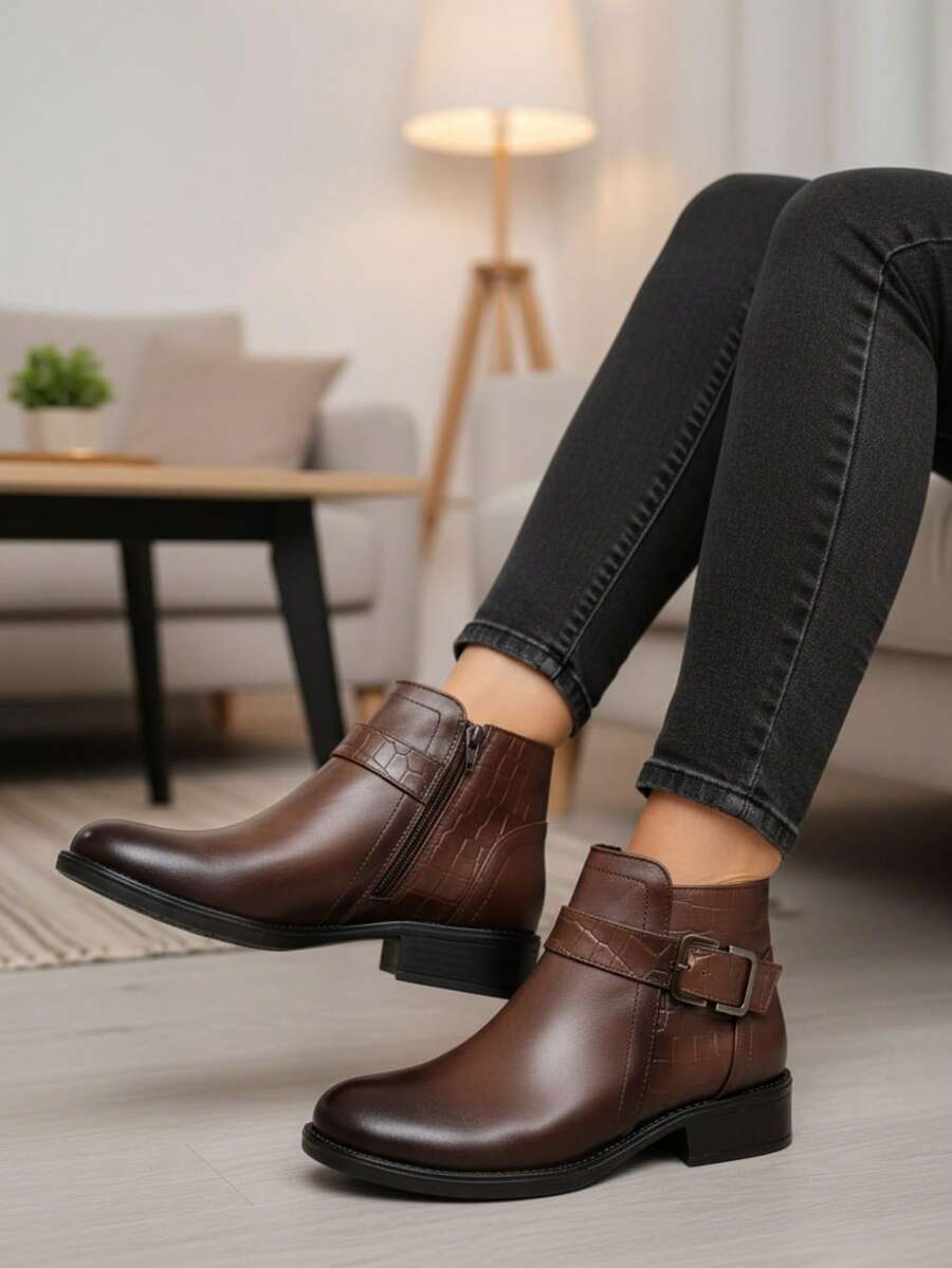 Botín bajo con hebilla, disponible en brown, black y camel - Marrón - Ver 1