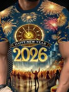 Manfinity Homme 男士时尚3D印花“2026新年快乐”T恤 圣诞上衣 圣诞礼物 男士礼物 圣诞T恤 - 彩色 - 查看 8