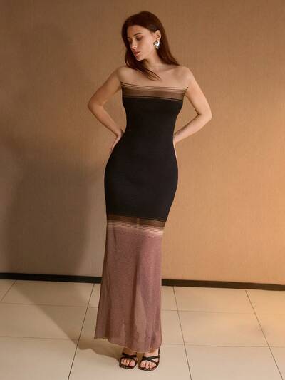 VESTIDO AJUSTADO CON PANEL TRANSPARENTE DE PATRÓN A RAYAS DE CONTRASTE Y ESPALDA DIVIDIDA
