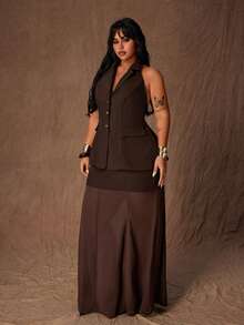 Rustia Plus Size Women Backless Halter Top & Chiffon Mermaid Hem Skirt 2 Pieces Set - Coffee Brown - View 6