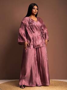 Veslaya Rosa Empoeirado, Outono, Elegante, Conjunto de Top de Manga Longa com Amarração e Calça Pantalona para Mulheres Plus Size, Conjunto de Calça Casual Solta Combinando - Marrom - Visão 5