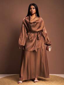 Veslaya Autumn/Winter New Elegant & Party & Gathering & Date & Evening & Wedding Season & Graduation Season & Birthday Party & Girlfriend Dinner Loose Solid Brown Semi-Sheer Glossy Fabric Plunging Neckline Long Sleeve Drawstring Waist Shirt Top And Loose A-Line Maxi Dress Women Plus Size 2-Piece Set,Brown Set Women,Brown Satin Dress, Dress Modest, Plus Size Brown Dress, - Brown - View 6