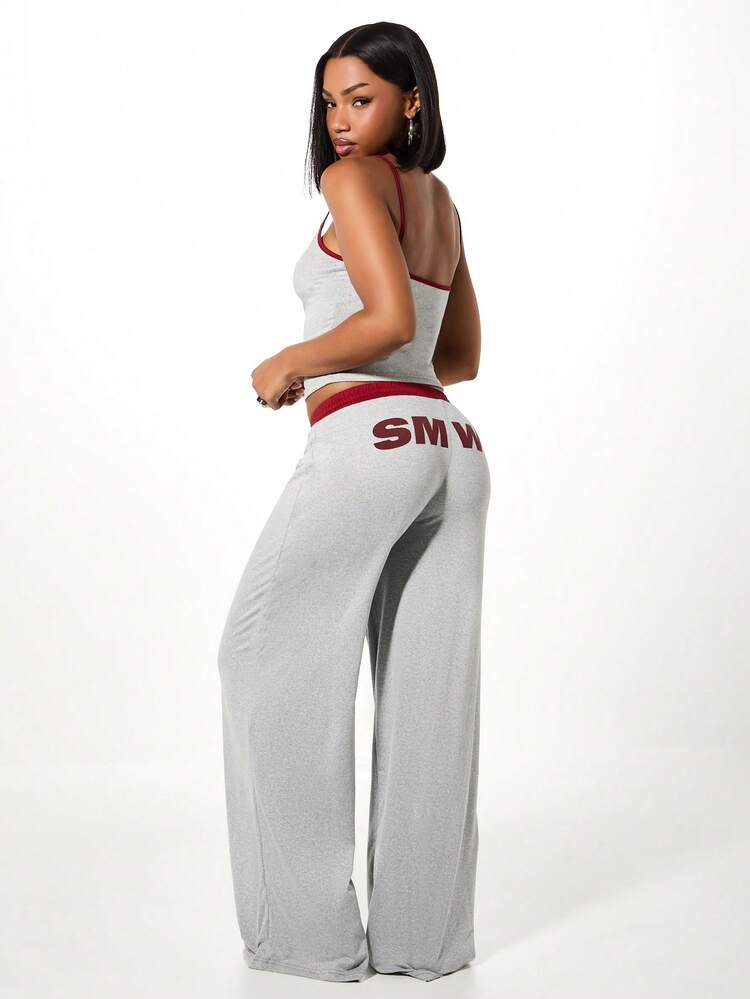 SUMWON WOMEN Heather Grey Cami And Wide Leg Pants Set