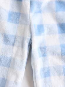 2件組小男孩抓絨睡衣套裝，可愛卡通熊刺繡圓領上衣搭配藍白格紋長褲，親子款秋冬居家服 - 藍色 - 查看 11