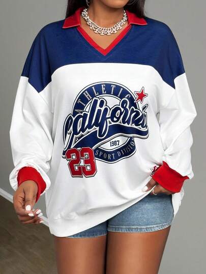 Slaydiva Autumn/Winter New Women's Clothing For Halloween, Christmas, New Year, Thanksgiving, Birthday - Casual Street Letter Pattern V-Neck Long Sleeve Contrast Color Sweatshirt, Colorful Graffiti Street Letter Print Fashion Plus Size Sweatshirt - White, Blue Jersey Baseball Shirts For Women Red White And Blue Top Jerseys For Women Y2k Plus Size 4th Of July Shirt