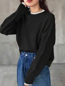 FRIFUL 女士撞色圆领落肩长袖宽松休闲套头毛衣，秋季 - 黑色 - 查看 4