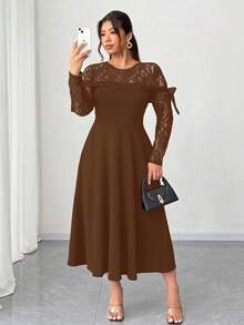 Elenzga Gaun Patchwork Renda Elegan untuk Wanita Ukuran Plus - Coklat - View 1
