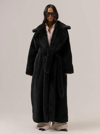 MUSERA Överdimensionerad Lös passform Bältad Maxilång Fuzzy Pälskappa Elegant Sexig Söt Kväll Ute Semester Höst Vinter Ytterkläder September