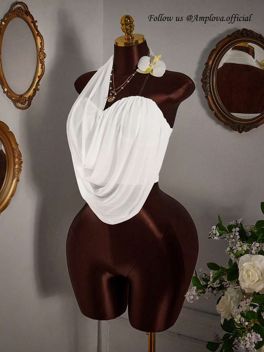 Amplova Asymmetrical Sheer Mesh Faux Flower Decor Women Blouse - White - View 1