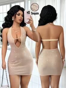 Rafferiza Women's Casual Sexy Minimalist Apricot Sequin Halter Backless Mini Dress - Apricot - View 1