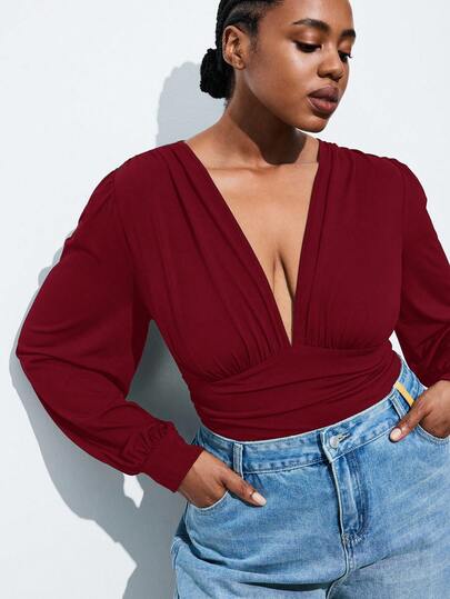 Maija Mono de manga farol de unicolor y escote en V profundo para mujer de talla grande, color burdeos, adecuado para el transporte urbano, casual de negocios, Acción de Gracias, Navidad, fiesta de Año Nuevo, atuendo de invitado de boda