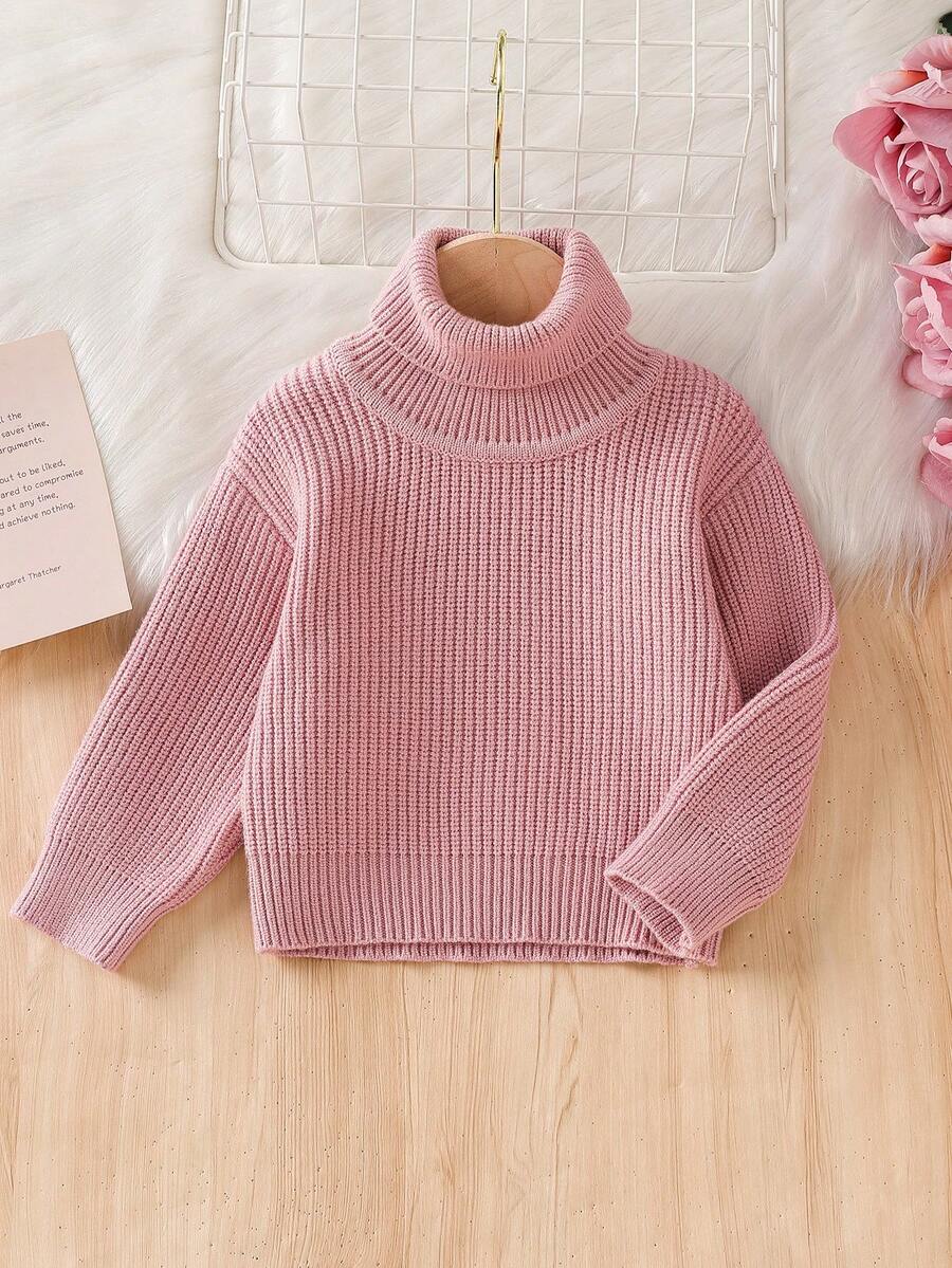 SHEIN Vintaside Kids 女婴休闲百搭高领纯色毛衣,秋冬季 - 珊瑚粉 - 查看 1