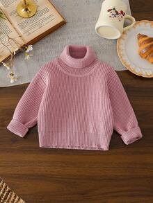 SHEIN Vintaside Kids 女婴休闲百搭高领纯色毛衣，秋冬季 - 珊瑚粉 - 查看 4