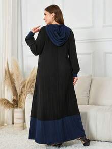 Al Najma 女士连帽长袖撞色二合一拉链装饰抓绒面料休闲百搭连衣裙，大码，秋冬款 - 彩色 - 查看 2