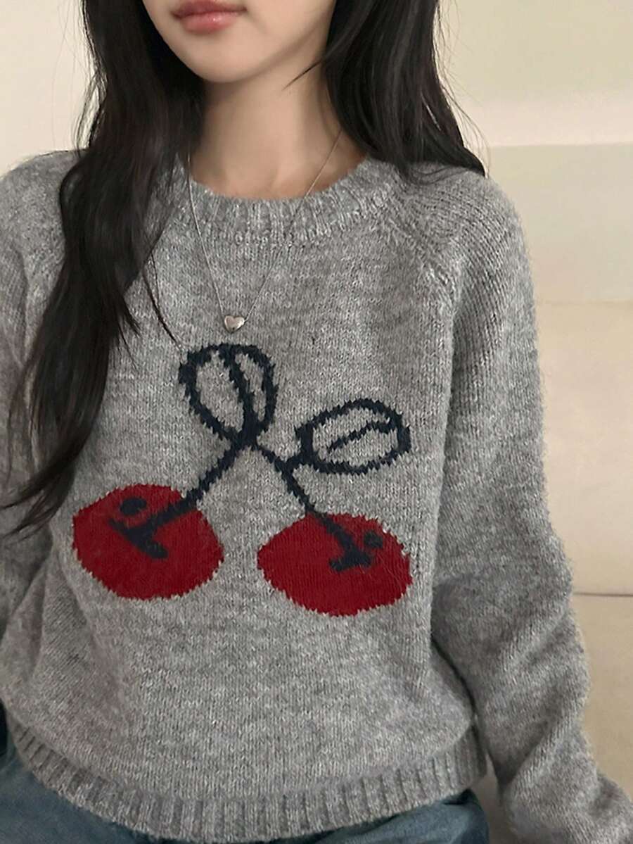 DAZY Women's Cherry Pattern Loose Fit Crew Neck Sweater - Grey - View 1