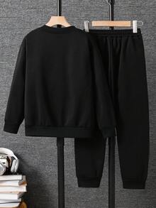 SHEIN 巴黎字母图案彩色条纹印花飞行员夹克搭配弹力腰带束脚裤两件套，适合春秋季休闲户外日常穿着，也适合生日派对、晚宴、演出、婚礼、洗礼、开幕式等场合。日常穿着舒适，适合上学、旅行、运动，尤其适合秋冬季节。 - 黑色 - 查看 3