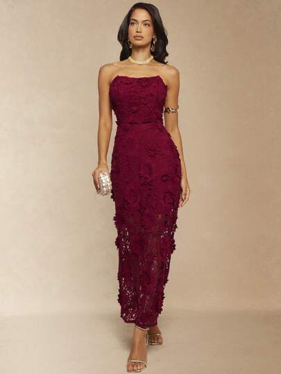 Silquee Elegant axelbandslös festklänning med 3D-blommig dekor för kvinnor