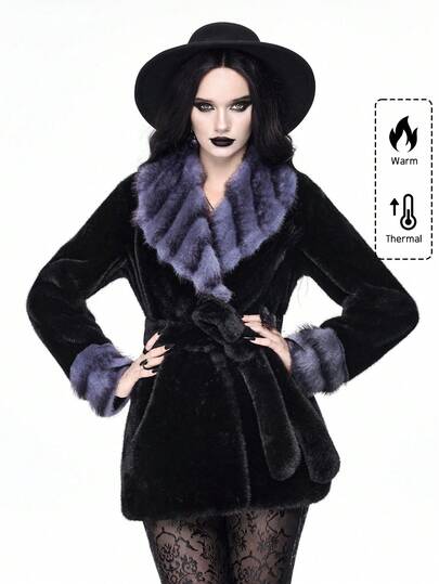 Grunge Punk Women's Contrast Color Lapel Long Sleeve Belted Faux Fur Jacket