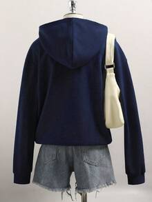 SHEIN 青少年女孩蝴蝶結英文字樣印花秋冬連帽拉鍊休閒可愛衛衣，輕便舒適校園穿搭，海軍藍 - 藍色 - 查看 2