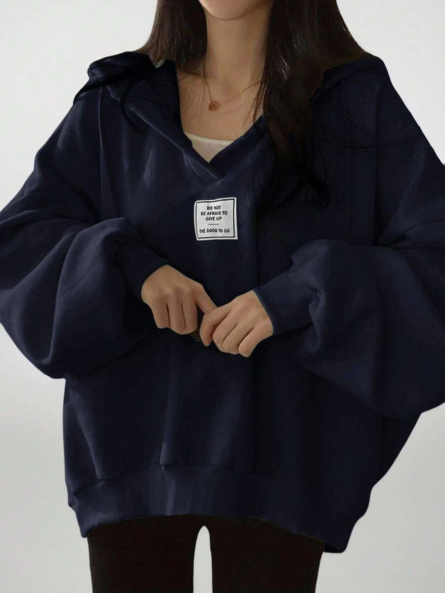 INAWLY Women's Letter Graphic Loose Fit Drawstring Hooded Sweatshirt - Royal Blue - View 1