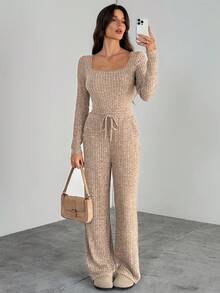 SHEIN Tall 罗纹连体衣和裤子两件套，舒适居家运动套装，休闲运动服，长袖连体衣搭配阔腿裤，秋冬必备基础款，宽松长裤，长袖，冬季服装 - 棕色 - 查看 7