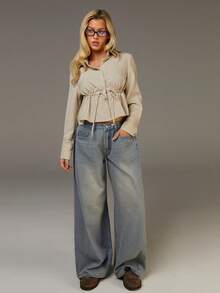 Athîral Women's Solid Color Long Sleeve Drawstring Waist Casual Cropped Shirt, Khaki Top - Apricot - View 3