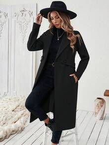 SHEIN PETITE Women's Basic Wool Blend Coat With Notched Collar, Button Belt, Waist Cinched Design, Suitable For Commuting And Business, Autumn/Winter