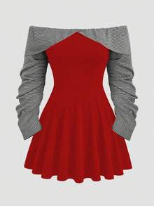Sweetra Vestido elegante de talla grande con parches a cuadros y hombros descubiertos 2 en 1 - Rojo - Ver 1